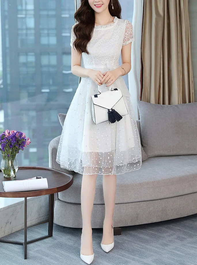 Элегантный сетка кружево лоскутный туника шарик шифоновое белое платье