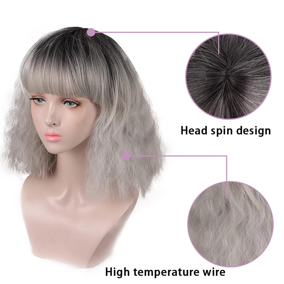

Short Curly Wig With Bangs Gradient Black Gray Wig Daily Synthetic High Temperature Resistant Female Wig