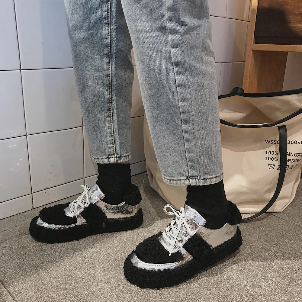 Новый дизайн женская зимняя обувь из искусственного меха в мозаичном стиле