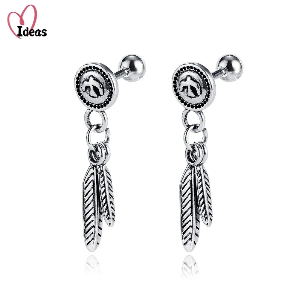 

Fashion Men Punk Earrings Feather Tassel Long Chain Pendant Stainless Steel Stud Earring Unisex Trend Rock Hipster Ear Clip Gift