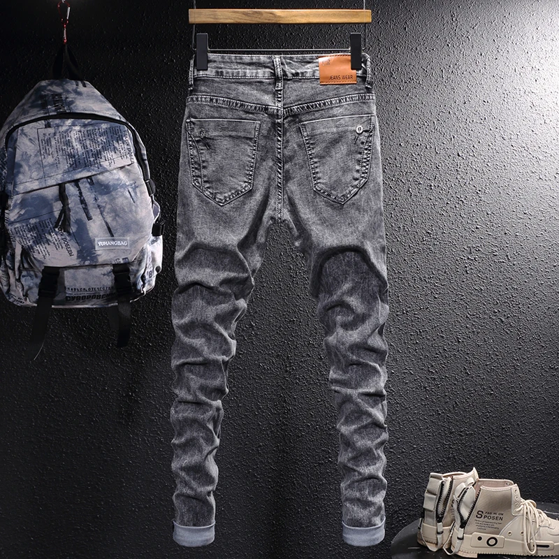 Newly Designer Fashion Men Jeans Retro Gray Elastic Vintage Slim Jeans Men Streetwear Korean Style Casual Denim Pencil Pants