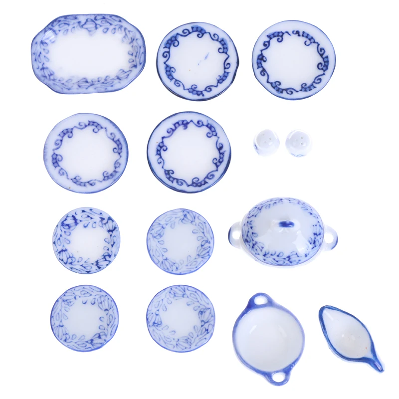 

1 Set Cute Blue Mini Dollhouse Ceramic Printing Tableware Bowl Food Dishes Plates Kitchen Toy