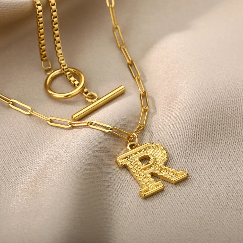 

Initial Letter Toggle Clasp Necklaces For Women Stainless Steel Punk Hip Hop Thick Sweater Chain OT Buckle Necklace Jewelry