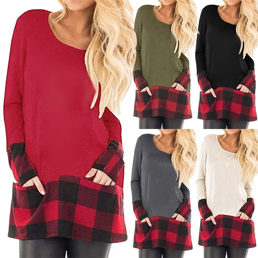 Модные женские блузки 2019 Осенняя женская одежда топы клетчатые с кромкой Круглый