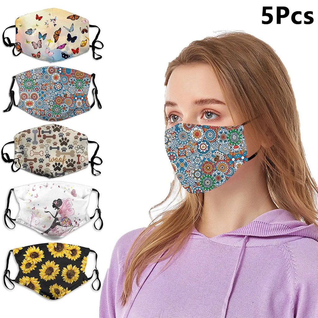 

Unisex 5pcs Mouth Mask Flower butterfly printed Reusable Adult Filter PM2.5 Air Filtration dust-proof Face Mask 2020 Mascarillas