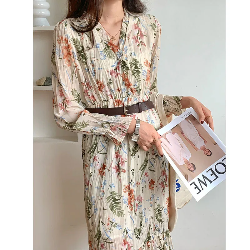 

Elegant Ruched Floral Print Women Autumn Dress Sexy V-neck Full Sleeve Female Long Dresses 2021 Spring Chiffon Vestidos