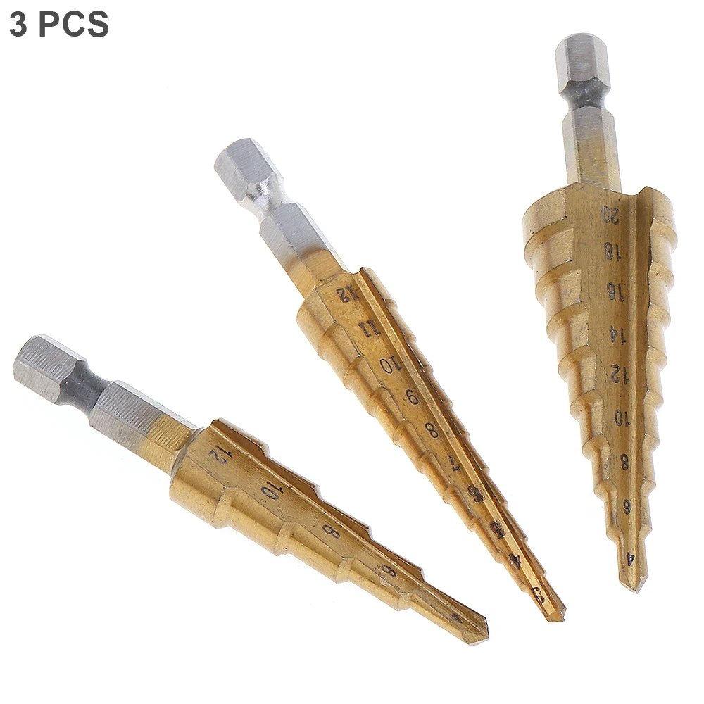 

3 шт./лот набор ступенчатых сверл 3-12 мм 4-12 мм 4-20 мм конические сверла для металлических электроинструментов Аксессуары титановые Биты