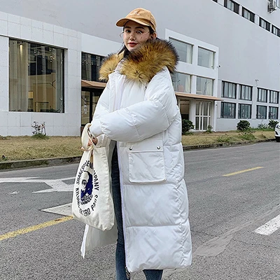 White-2 Однотонные меховые длинные зимние пуховые пальто с капюшоном для женщин, большие размеры, утепленные свободные хлопковые куртки, корейские женские модные ветрозащитные парки - Цвет: White-2