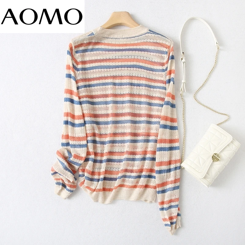 

AOMO Women Striped Hollow Knitted Sweater Jumper Elegant Oversize Pullovers Chic Tops YU83A
