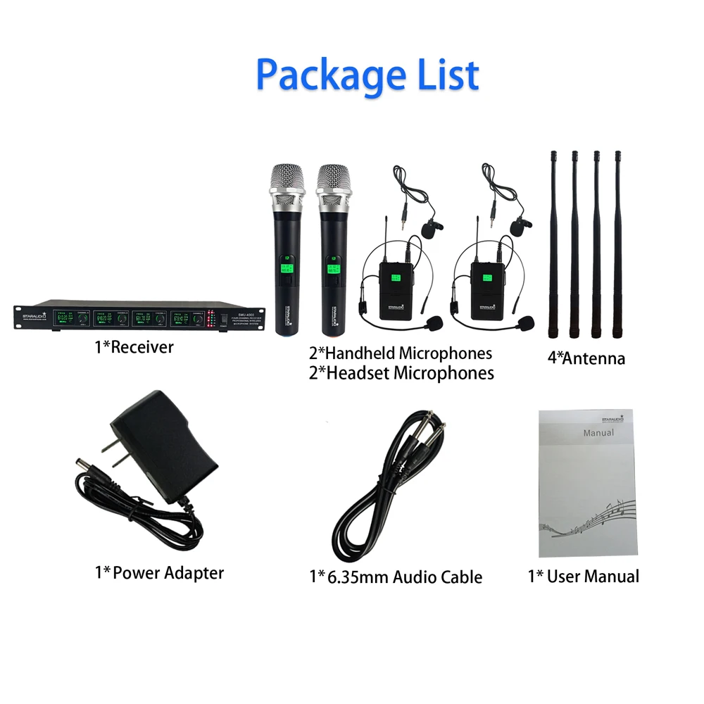 

Professional 4CH UHF Wireless Microphones System 2 Channel Handheld 2 Channel Headset Microphones Party Church Mics SMU-4000AB