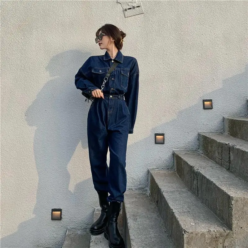 

New style handsome overalls, ladies handsome long-sleeved denim overalls, ladies high-waist elastic loose straight-leg jumpsuits