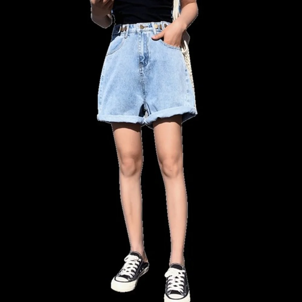 

Casual Loose Basic Light Blue Hot Sale High Waist Summer Button Fashion New Arrival Women Female Shorts