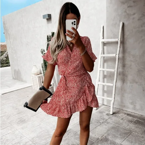 

2021 European and American women's summer style ruffled short-sleeved v-neck irregular hem dress