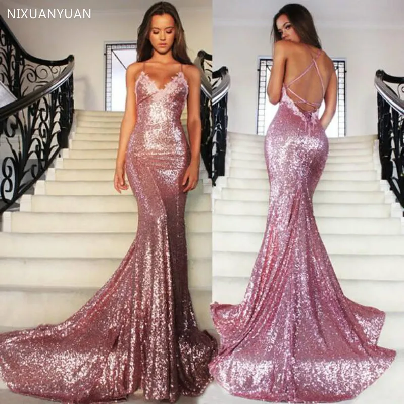

2021 Rose Pink Mermaid Long Evening Party Dresses Sequins Spaghetti Strap Backless Sweep Train Long Formal Prom Evening Dress