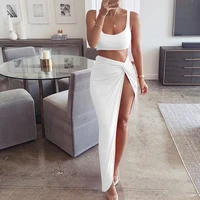 solid color sling club high waist elastic sexy party 2 piece set women side slit long skirts matching sets outfits fashion