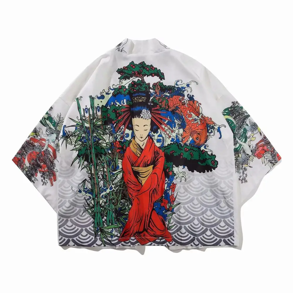 

Куртка-накидка свободного покроя, Повседневная модная быстросохнущая японская кимоно с принтом гейши, большие размеры