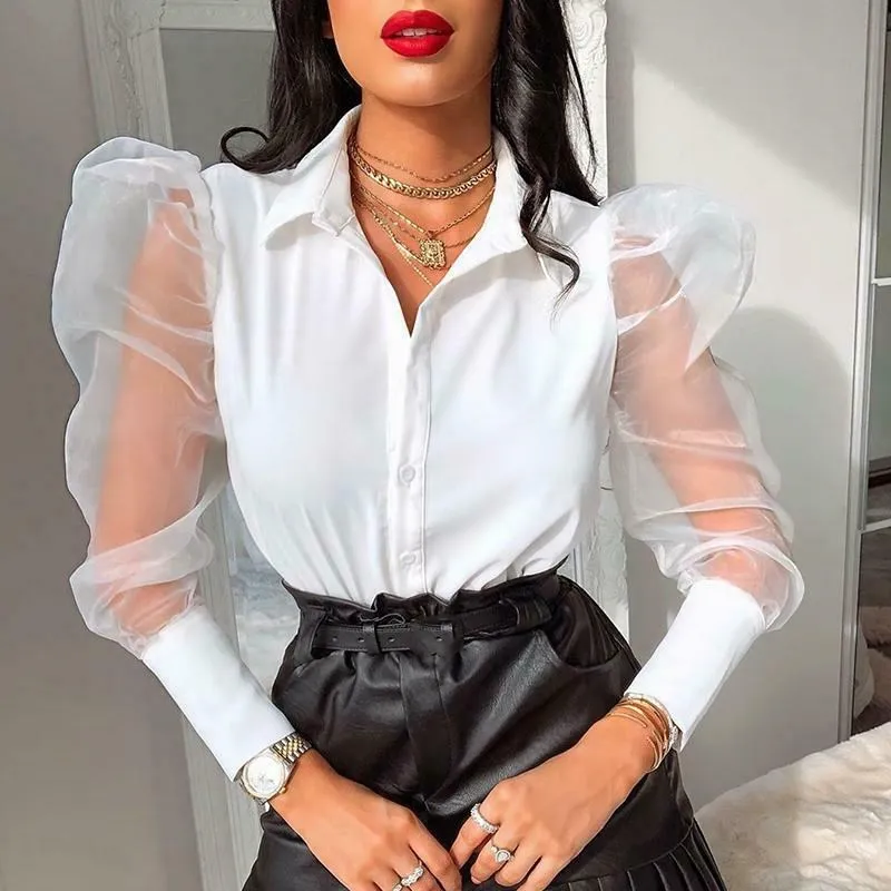

2020 New Womens Fashion Blouse Mesh Sheer Puff Sleeve V Neck Button Elegant Blouses Tops Ladies Shirts Blusas Black White