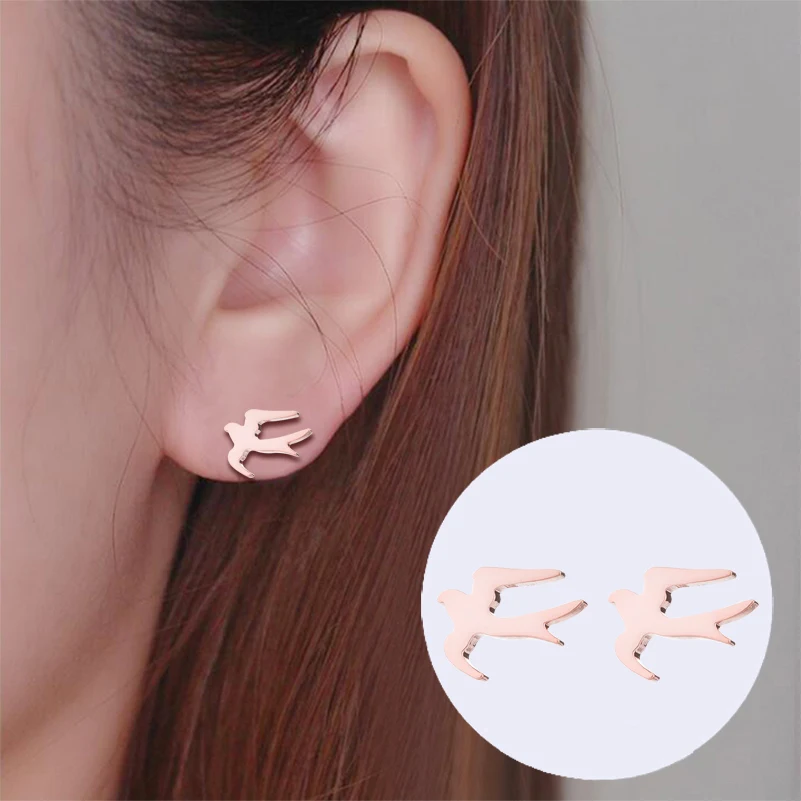 Hfarich Lovely Tiny Bird Stud Earrings For Women Kids Stainless Steel Sparrow Flying In Sky Piercing Earings | Украшения и