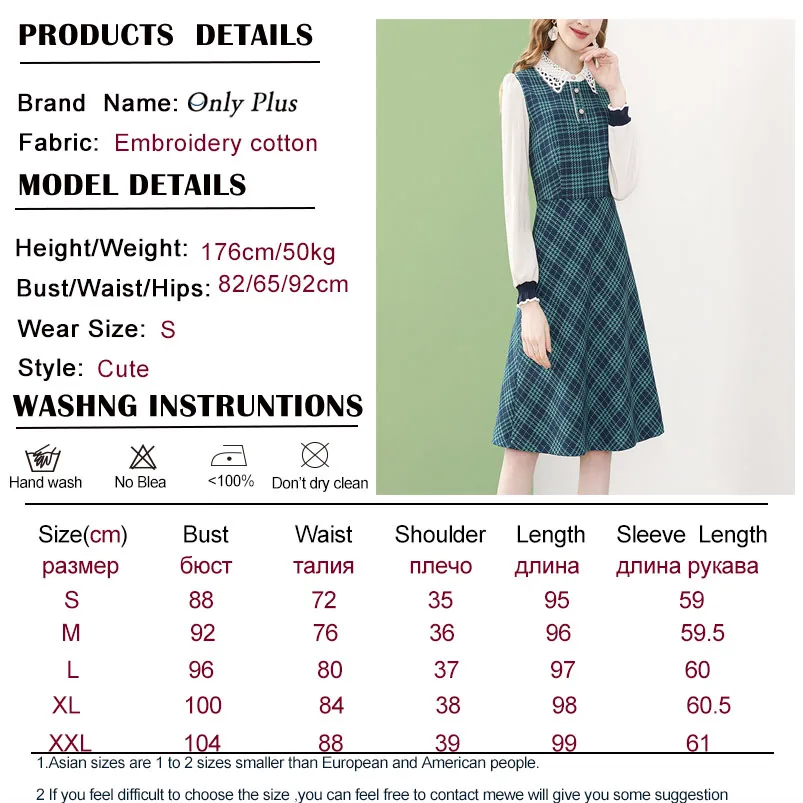

ONLY PLUS Vintage Dresses Women Blue Plaid Potchwork Long Sleeve Causal A-Line Elegant dresses for woman Vestidos 2021