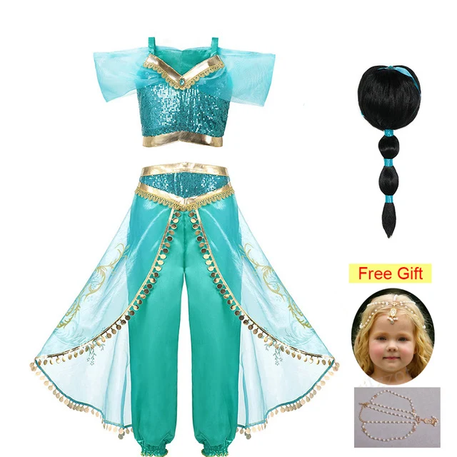 Jasmine Set-2 Рождественская Детская Принцесса Жасмин платье Аладдин маскарадный костюм Принцесса Жасмин платье для девочек костюм для ролевых игр из двух предметов - Цвет: Jasmine Set-2