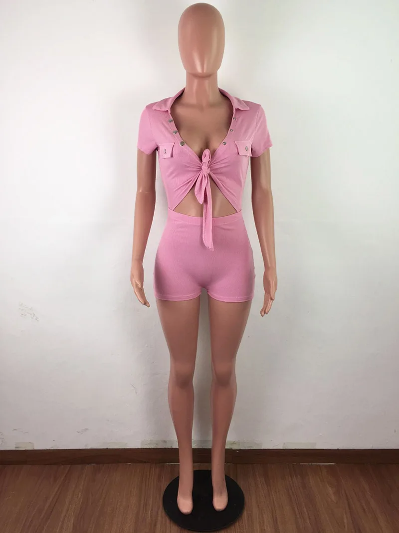 

Beyprern New Chic Turn-Down Collars Tied-Front Jumpsuit Rompers Womens Button Details Bodycon Night Out Playsuit Women Overalls