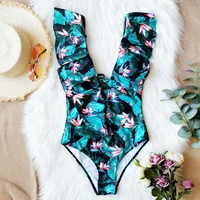 sexy shoulders ruffled one piece swimsuit printed floral swimsuit womens swimsuit swimwear beachwear monokini