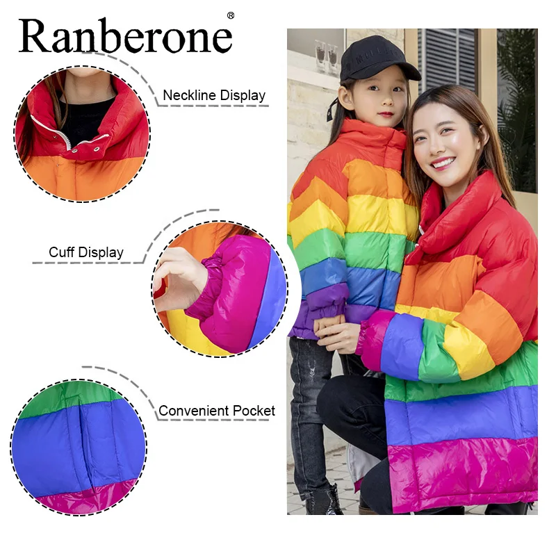 Ranberone Winter Jacket Women Hooded Parka Coat Rainbow Clothes Girl Cotton Outwear Warm Thick Casual Hooded Jacket Clothing