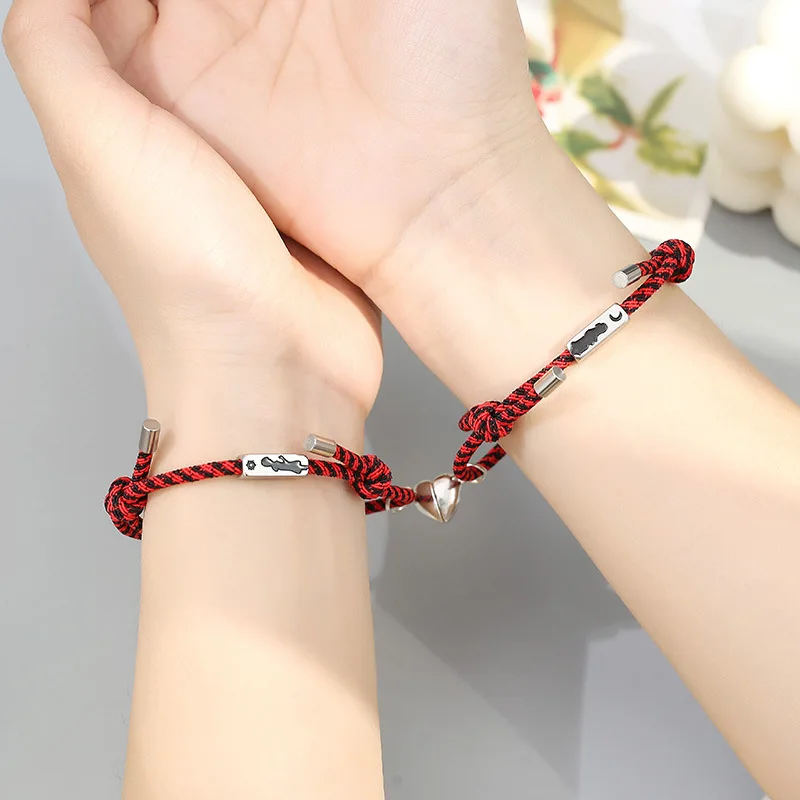 

2pcs/pair Magnet Heart Couple Bracelet Adjustbale Black Red Rope Braslet Paired Best Friend Braclet Lovers Gift Pulseras