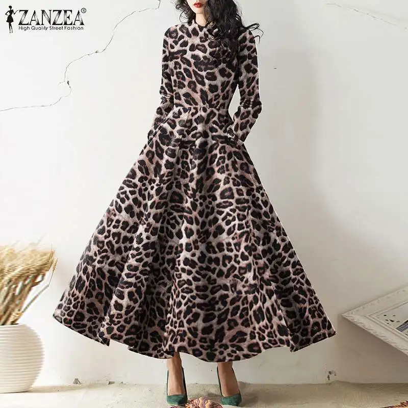 

ZANZEA Vintage Leopard Printed Dress Women French Elegant Kaftan 2021 Autumn Party Swing Vestidos Holiday Bohemian Maxi Dresses