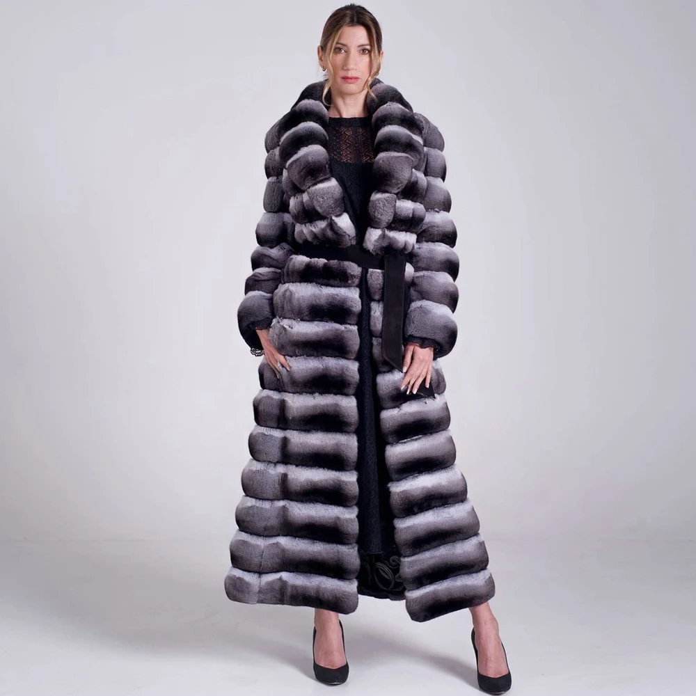 

130cm X-long Women Real Rex Rabit Fur Coat Chinchilla Color Natural Woman Whole Skin Genuine Rex Rabbit Fur Coats Lapel Collar