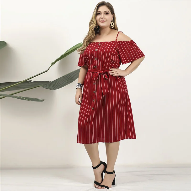 

Mostnica Single Breasted Office Lady Summer Sling Dress Women Elegant Short Sleeves Off Shoulder Belted Woman Strap Dresses OL