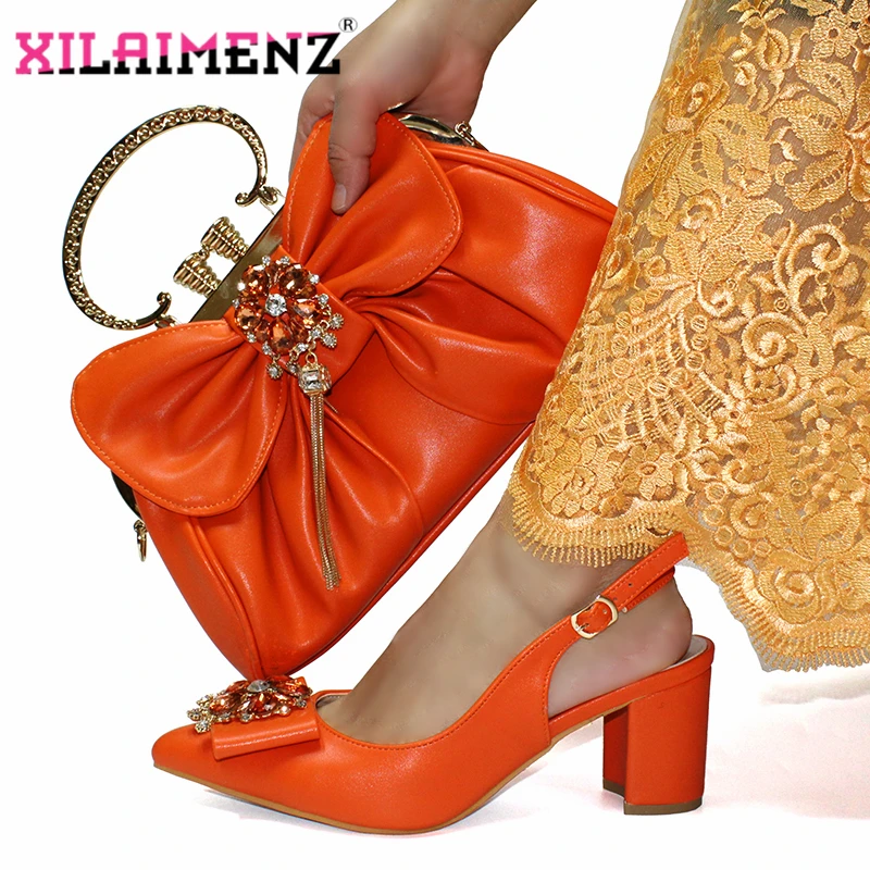 

Orange Color Special Arrivals African Women Shoes and Bag Set Pinted Toe Concise Style Shoes Matching Bag for Wedding Party