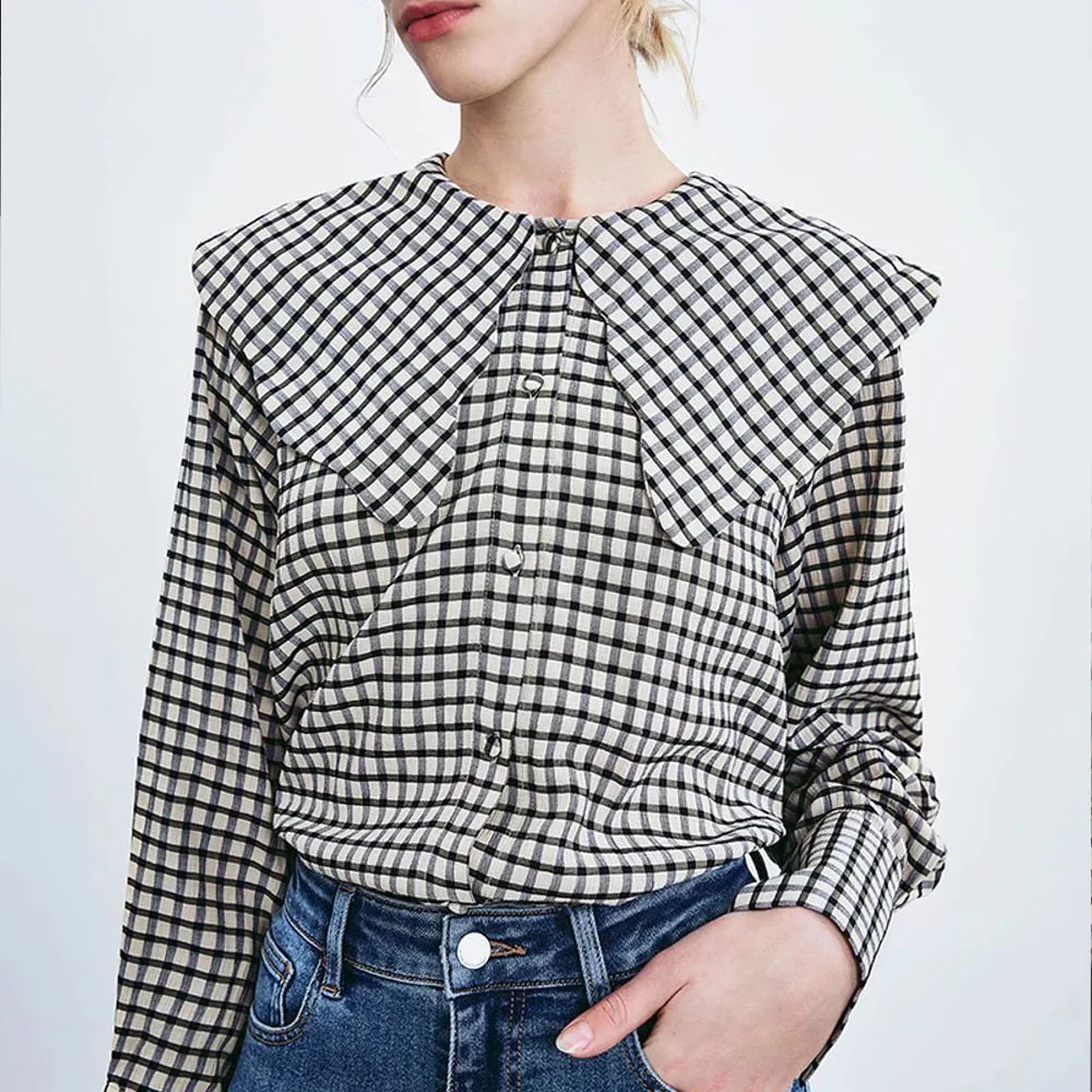 

Women 2022 New Fashion Lattice Cardigan Blouses Vintage Long Sleeve Doll Collar Button-up Female Shirts Blusas Chic Tops