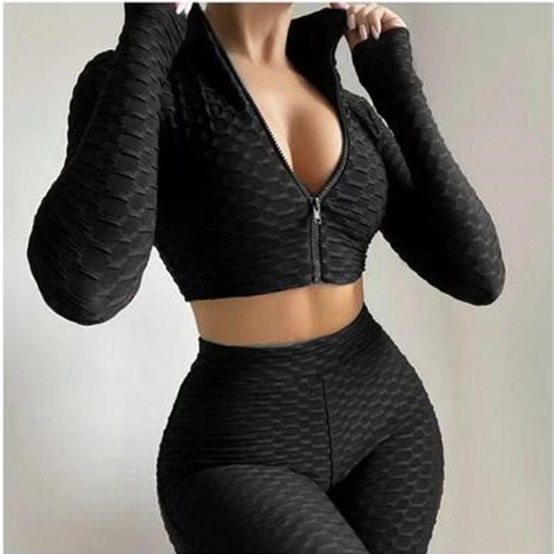 

Two Pieces Sports Suit Female Solid Running Sets Zipper Stand Collar Long Sleeve Crop Tops+High Waist Shorts Women Tracksuit