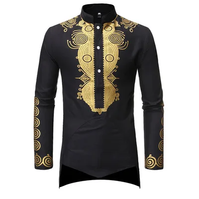 

Men's Shirt Print Cotton Blended Bronzing Stand Collar Single Breasted Mid-Length Fit Casual Middle Eastern Style Shirt