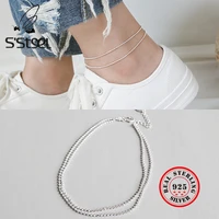 ssteel double layer 925 sterling silver anklets for women bead chain bracelet massif boho anklet foot acessorios fine jewelry