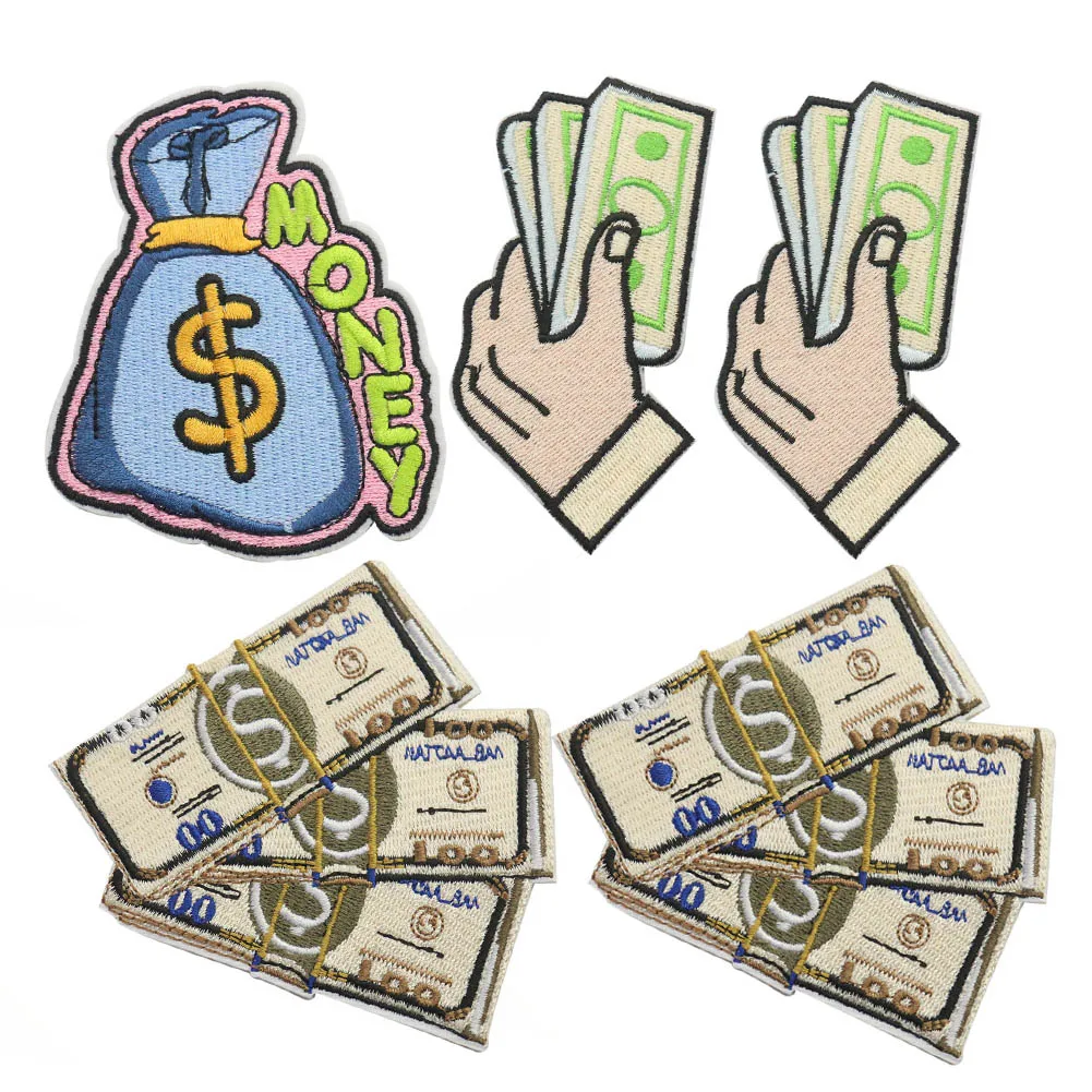 

2PCS Money Dollars Patches Iron on Clothes Punk Embroidered Applique Badge Sewing Clothes Stickers Garment Apparel Accessories