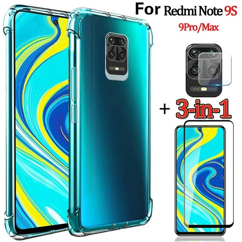 3 In 1 Shockproof Case Camera Lens Tempered Glass Screen Protector for Xiaomi Redmi Note 9 9s Pro Max Film Protection | Мобильные