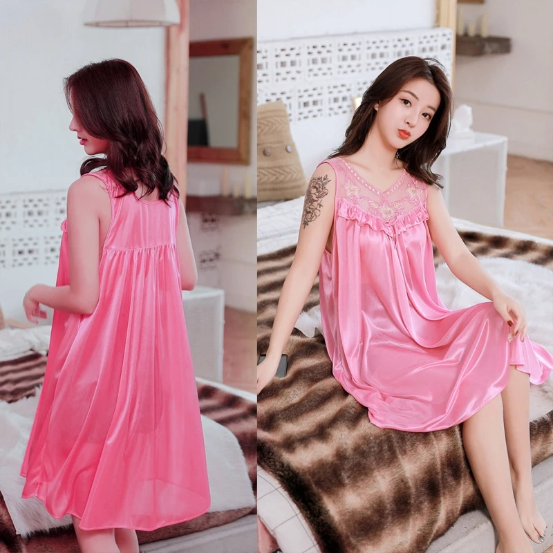 

Women Summer Ice Silk Sleeveless Nightdress Sheer Floral Lace Loose Nightgown XX9D