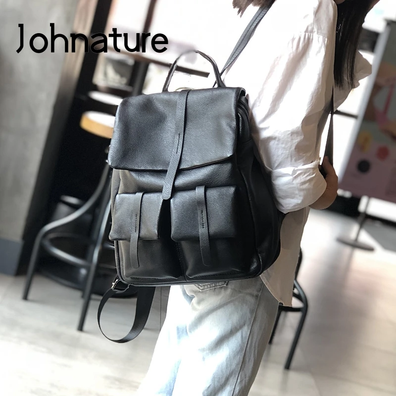 

Johnature Retro Genuine Leather Large Capacity Shoulder Bag Women Backpack 2022 New Simple Solid Color Men Travel Backpack