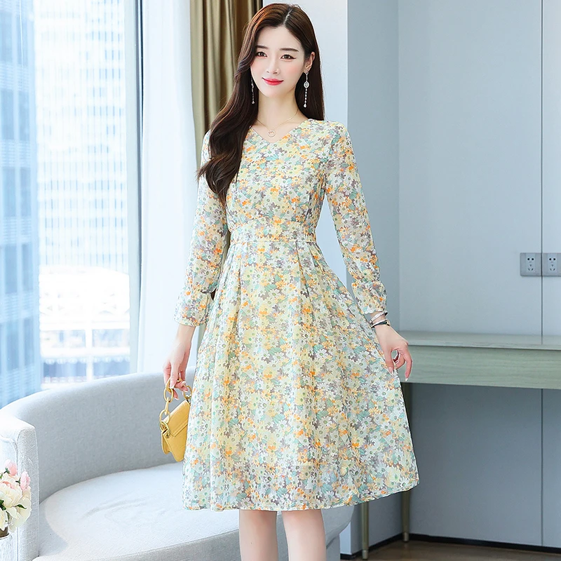 

2022 Autumn Women Chiffon Floral Printed Dress Summer Flare Sleeve High Waist Draped V-Neck A-Line Fairy Print Dresses For Women