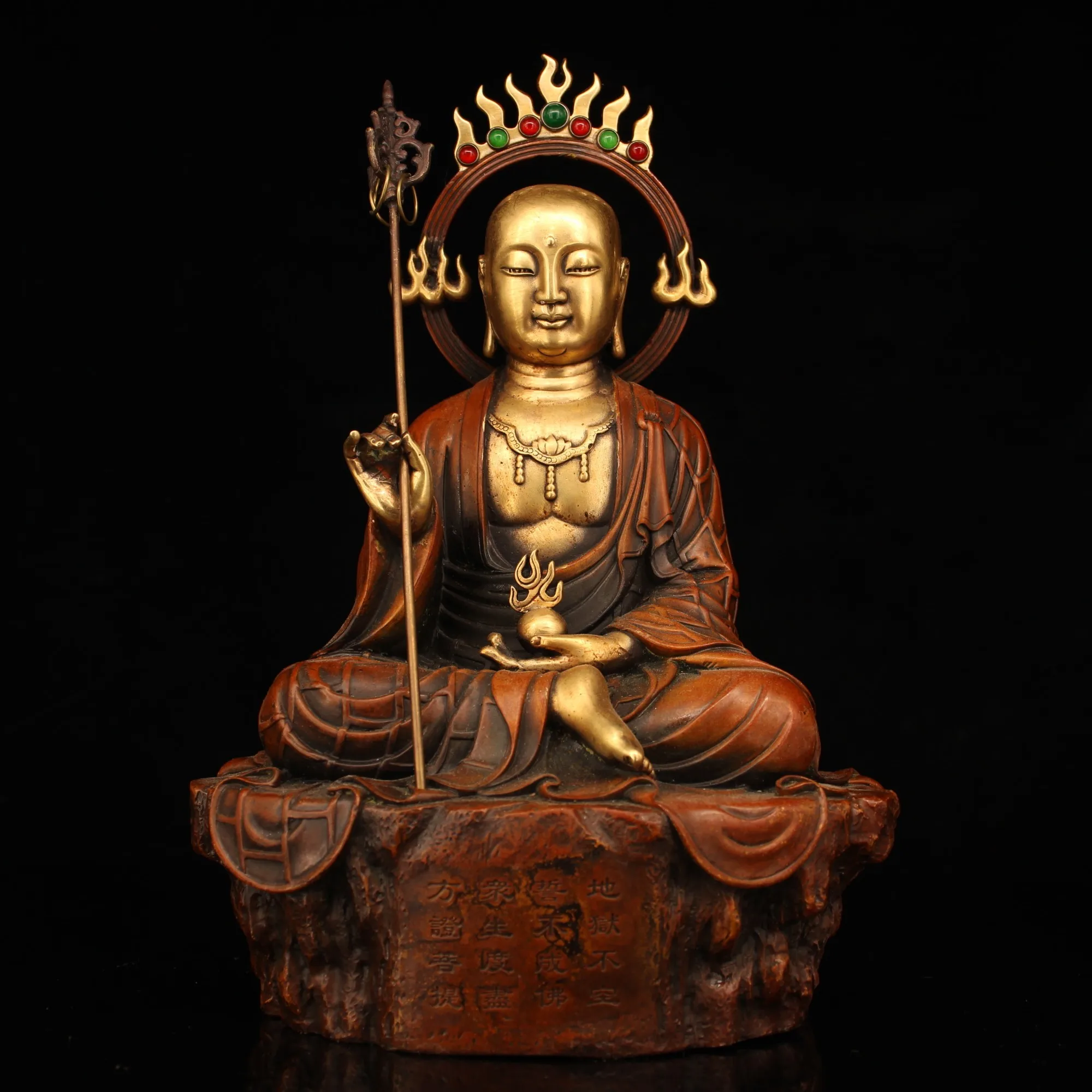 

11" Four Buddhist Bodhisattvas Bronze Gilt gold gilt inlaid gemstones Ksitigarbha statue Dizang Bodhisattva Om Pramardane Svāhā
