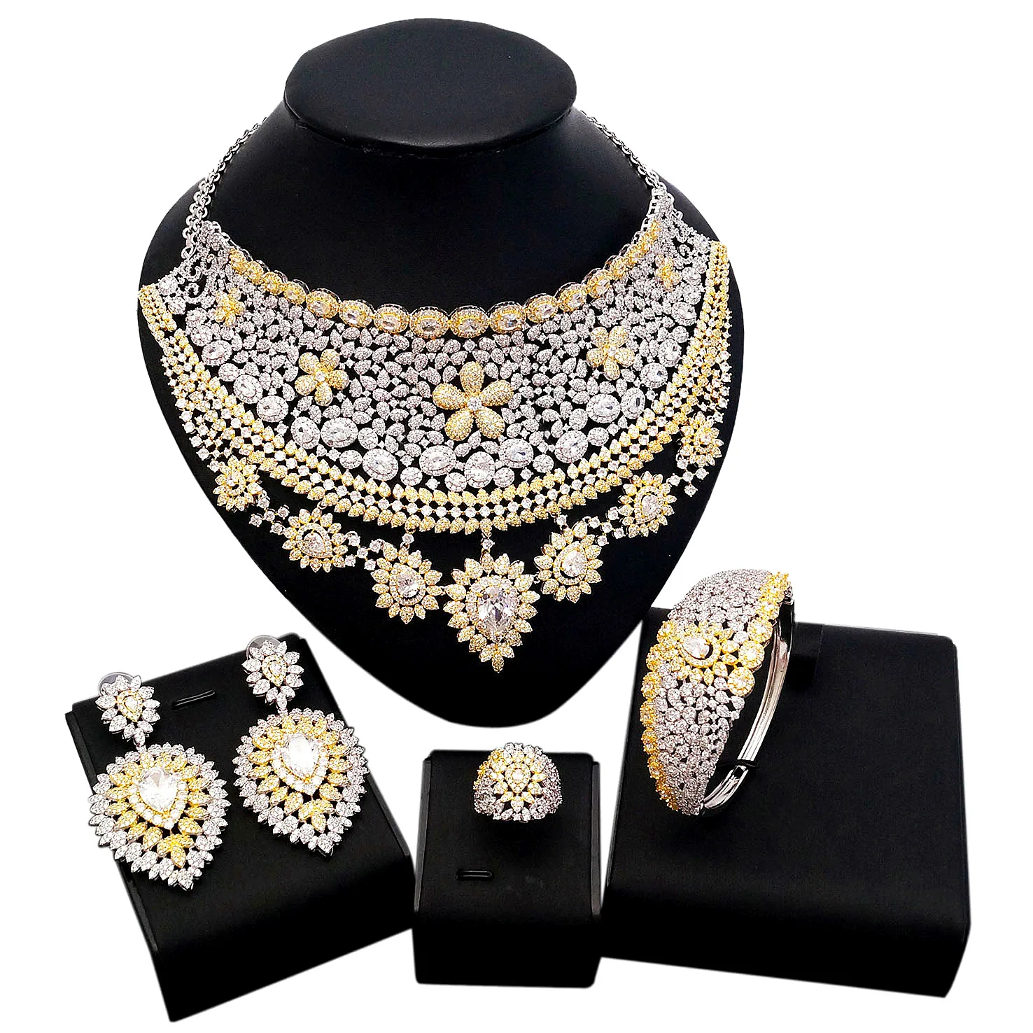 

Yulaili Luxury Wedding Bridal Jewelry Sets American Natural Zircon Flowers Choker Necklace Dangle Earrings Charm Bangle Ring