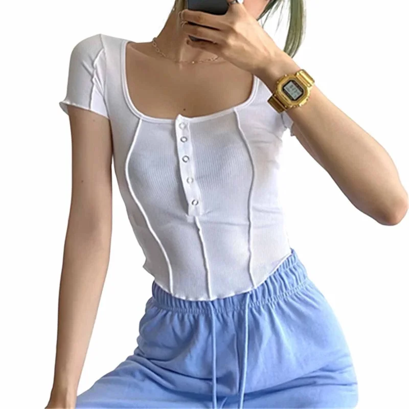 

Hedging Sexy Square Neck Short-sleeved Single-breasted Stitching Ribbed Knit Back Line Fashion Personality T-shirt 2021 Summer