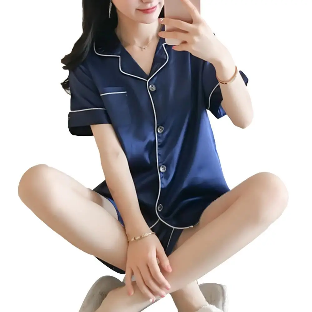 

Женская одежда для сна с отложным воротником, коротким рукавом, карманами, пуговицами, топом и шортами, 2021