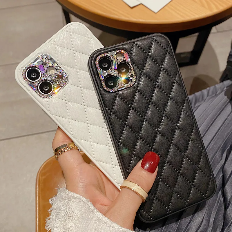 

Fashion Rhinestone Lens lattice Leather Phone case For iPhone 13 12 11 Pro Max mini Diamond Protection Cover