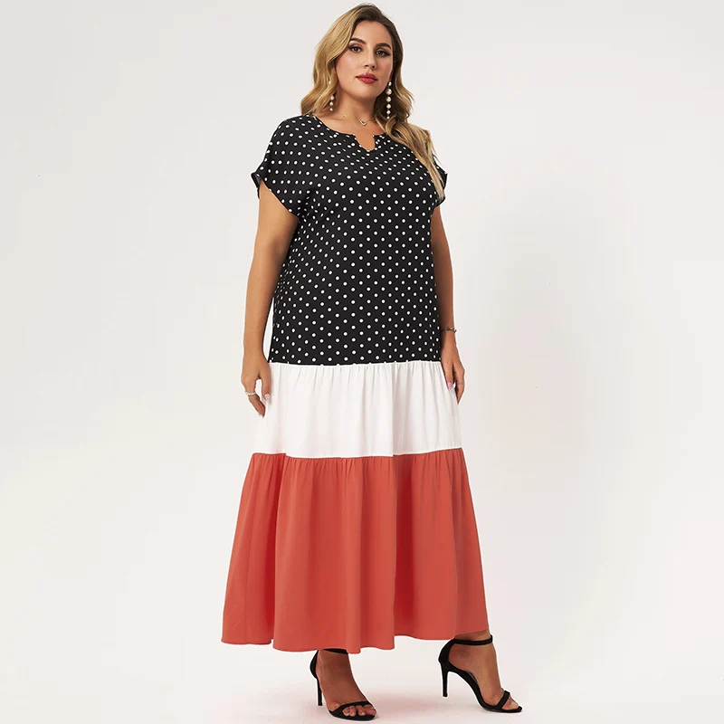 

MakFound Sundress Women 2021 Plus Size Notched Neck Color Block Polka Dot Black Raglan Sleeve Loose Maxi Large Dress Summer