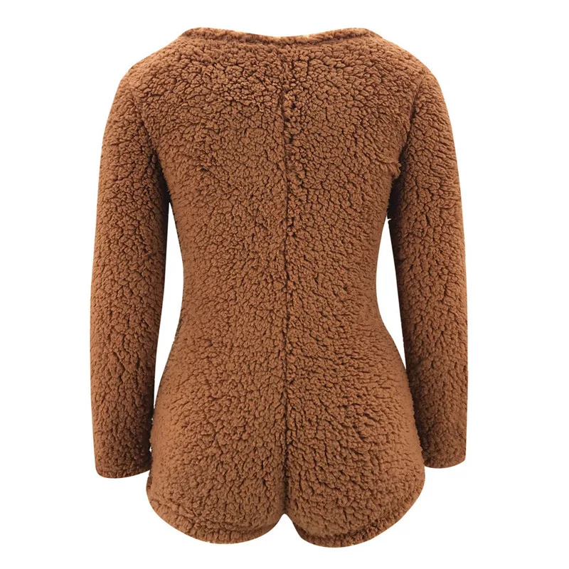 

Fashion Women Soft Warm Comfortable Plush Playsuits V-Neck Long Sleeve High Waist Solid Color Slim Hips Jumpsuits
