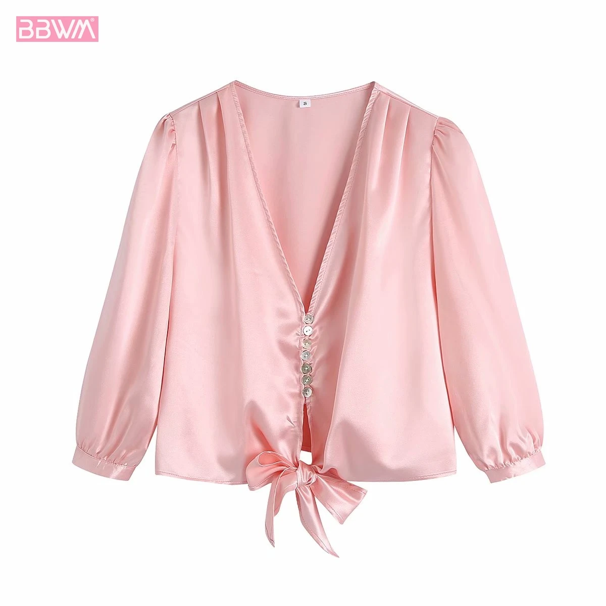 

Spring Women Fashion New Long-sleeved V-neck Bow Tie T-shirt Vintage Loose Silk Satin Texture Chic Female Tops