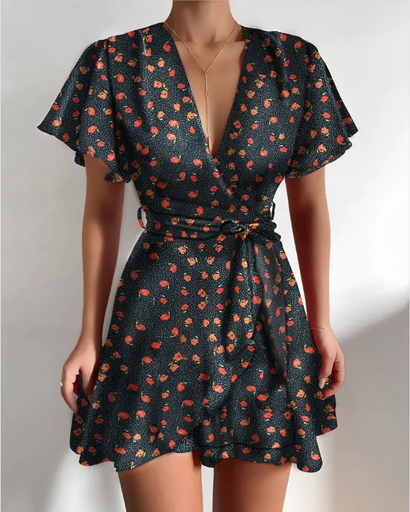 

Stylish Trendy Solid Color/Floral Printed Mini Dress Summer Casual Wild Short Sleeve V-neck Waist Lace-Up Ruffle Hem Dress